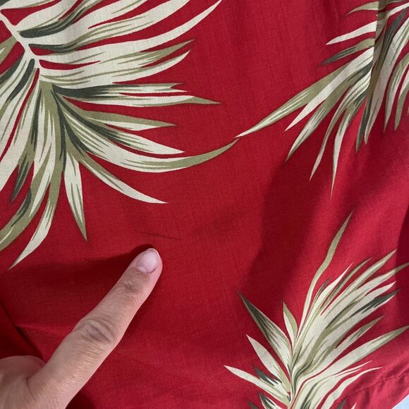 BAMBOO CAY Shirt Men Large Red Short Sleeve Button Leaves Tropical Viscose Blend - Picture 9 of 9